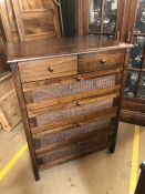 Modern dark wood six drawer chest with cane detailing to drawers, approx 80cm x 104cm x 48cm deep