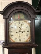 Eight day longcase clock with white face with black roman numerals, image of a harpist, with weights