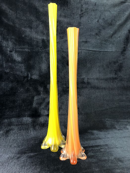 Two large glass bud vases, yellow approx 50cm tall, orange approx 40cm tall