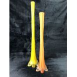 Two large glass bud vases, yellow approx 50cm tall, orange approx 40cm tall