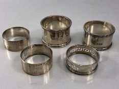 Collection of Silver hallmarked napkin rings (five in total) approx 141g