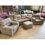 Contemporary fawn suede four piece suite comprising two seater sofa, two armchairs and footstool