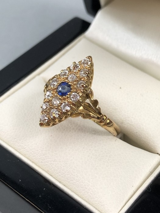 Edwardian Antique Diamond and Sapphire set marquis fully hallmarked 18ct Gold ring size 'P' - Image 3 of 4