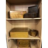 Collection of five wooden boxes to include smokers box, tea caddy etc (over two shelves)