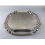Silver salver or tray approx 30.5cm square engraved with Golfing emblem and wording on bun feet (