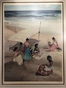 SIR WILLIAM RUSSELL FLINT, signed print, women picnicking on a beach, approx 53cm x 72cm