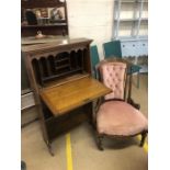 Small bureau bookcase, approx 112cm tall along with an antique bedroom chair with pink upholstery