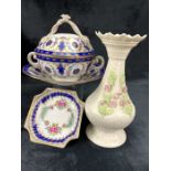 Collection of three pieces of Dresden ceramics with floral design to include a lidded bowl with