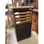 Vintage oak Abbess tambour front cabinet with nine sliding drawers, approx 48cm x 40cm x 94cm tall