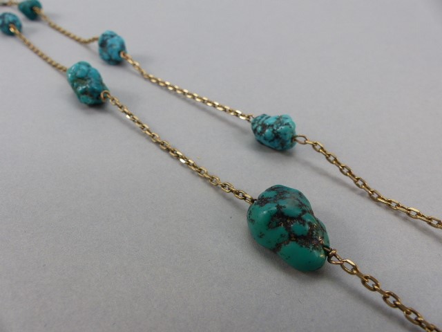 9ct Gold Turquoise Necklace approx: 25” long. The facetted trace link chain is set with 9 natural - Image 3 of 4