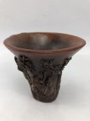 Chinese libation cup with carved design, approx 12cm tall