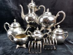 Selection of silver plated ware to include tea and coffee pots, milk jug, sugar bowl, toast racks