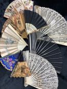 Two lace fans, one in box marked J Duvelleroy along with one further boxed fan and six further