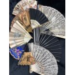 Two lace fans, one in box marked J Duvelleroy along with one further boxed fan and six further