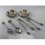 Collection of Hallmarked silver items to include sugar nips, spoons and two pin trays approx 92g