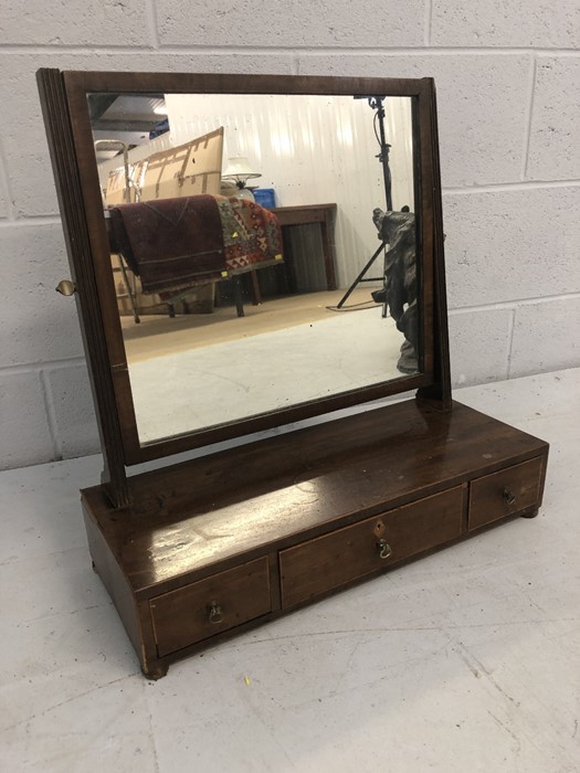 Square vintage dressing table mirror on base with three drawers