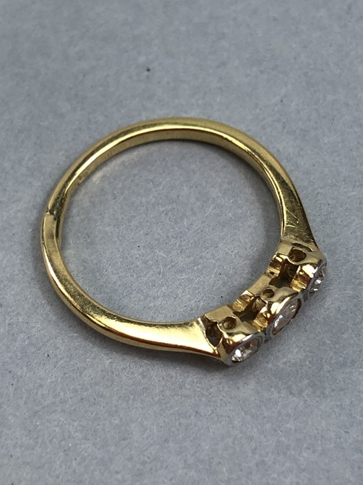 Three stone Diamond and Gold ring (hallmarks rubbed) size 'H' - Image 4 of 4