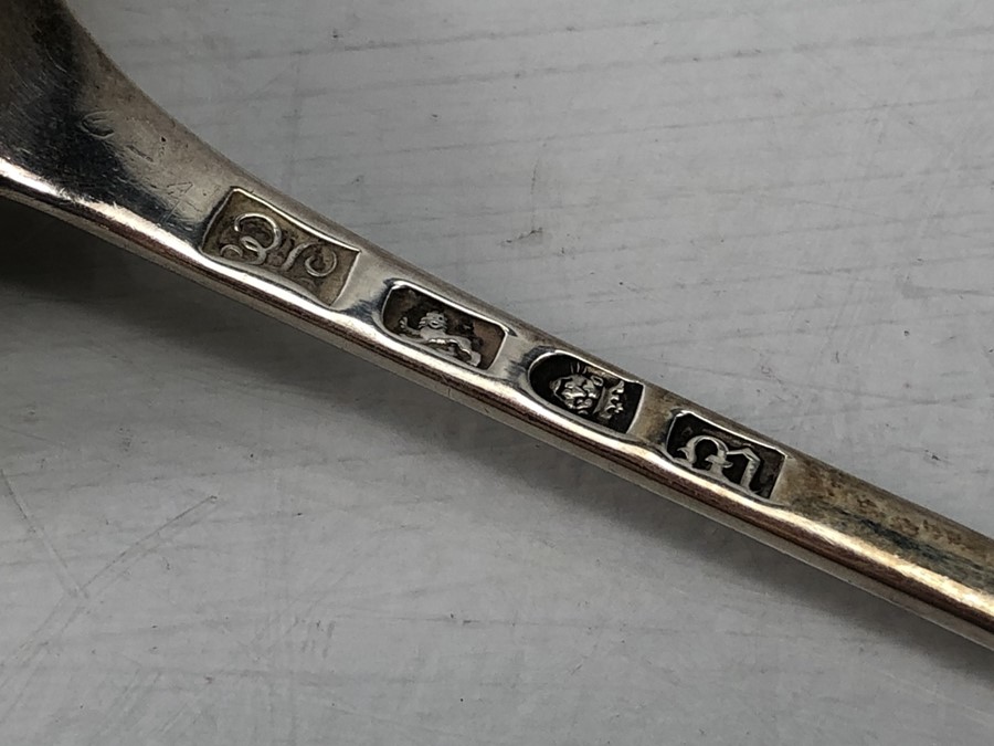 Large Silver serving spoon London 1767 maker JE (Listed by Grimwade as an "Unregistered Mark" and - Image 6 of 8