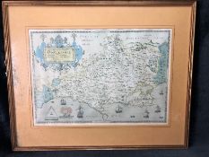 Framed limited edition print of map of 'Dorcestriae', Dorset - taken from Christopher Saxton's atlas