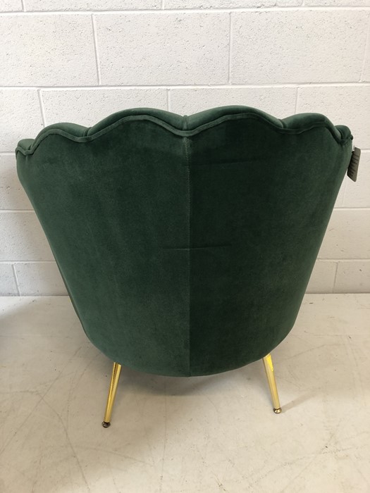 Pair of modern Art-Deco style green velvet scalloped back chairs with brass coloured legs, approx - Image 5 of 5