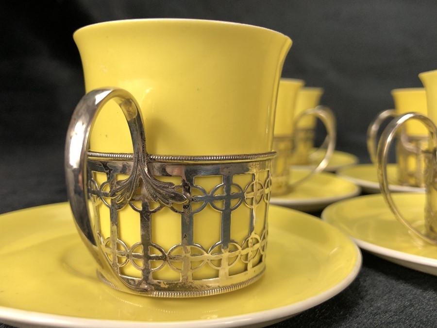 Set of six Shelley espresso cups and saucers in yellow with hallmarked silver holders - Image 4 of 5