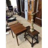 Rectangular side table on turned legs and a oak jointed stool and wooden turned lamp base