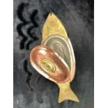 Lidded brass and copper dish in the shape of a fish, approx 49cm in length