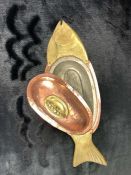 Lidded brass and copper dish in the shape of a fish, approx 49cm in length