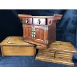 Collection of three interesting wooden boxes - one oriental in style with lined drawers, one a