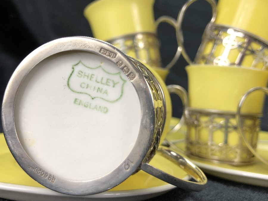 Set of six Shelley espresso cups and saucers in yellow with hallmarked silver holders - Image 5 of 5