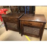 Pair of modern dark wood bedside cabinets with single drawer and cupboard with cane detailing,