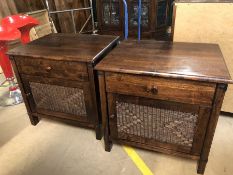 Pair of modern dark wood bedside cabinets with single drawer and cupboard with cane detailing,