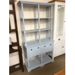 Blue painted dresser with open shelves and cupboards under approx 98cm wide