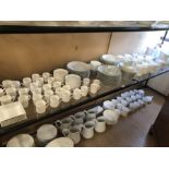 Large collection of white dinnerware and tableware over two shelves