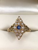 Edwardian Antique Diamond and Sapphire set marquis fully hallmarked 18ct Gold ring size 'P'