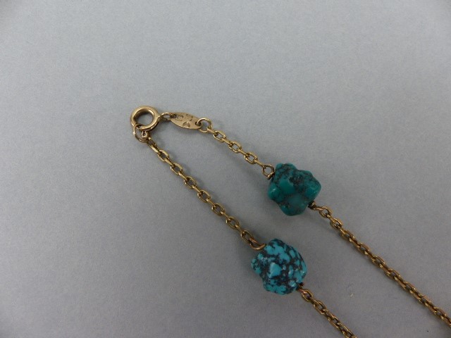 9ct Gold Turquoise Necklace approx: 25” long. The facetted trace link chain is set with 9 natural - Image 4 of 4