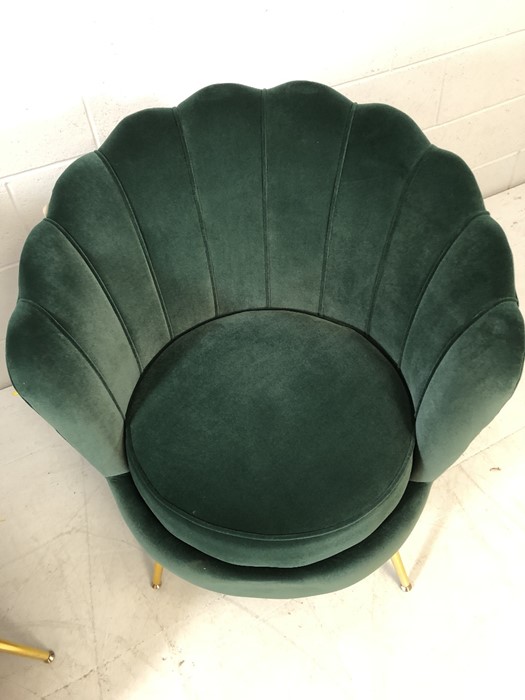 Pair of modern Art-Deco style green velvet scalloped back chairs with brass coloured legs, approx - Image 3 of 5