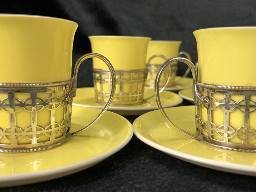 Set of six Shelley espresso cups and saucers in yellow with hallmarked silver holders - Image 2 of 5