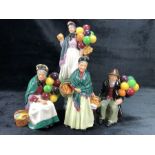 Four Royal Doulton figures: The Balloon Man HN1954, The Orange Lady HN1953, The Old Balloon Seller
