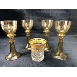 Four vintage glasses / rummers in yellow/amber with etched vine design along with a cut glass