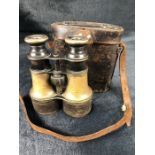 Vintage Brass and leather extending binoculars in leather case (A/F) marked "The Newmarket Race