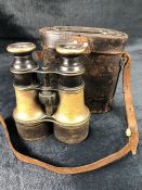 Vintage Brass and leather extending binoculars in leather case (A/F) marked "The Newmarket Race