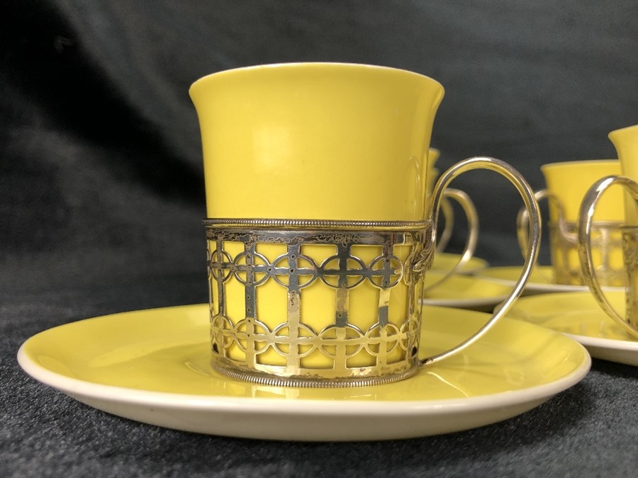 Set of six Shelley espresso cups and saucers in yellow with hallmarked silver holders - Image 3 of 5