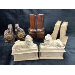 Four pairs of book ends, three marble, to include a pair of lions on plinths