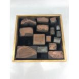 Collection of Fifteen vintage copper printing blocks to include images of guns, wheelbarrows,