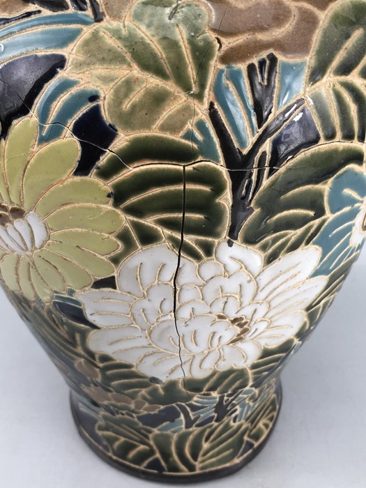 Large Chinese ceramic vase with floral design on dark blue background, approx 50cm in height (A/F) - Image 5 of 7