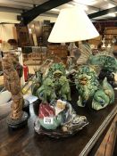 Collection of curios to include Foo dogs, carvings, lamp etc