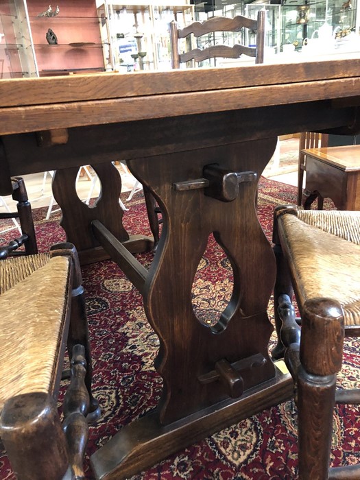 Refectory-style extending dining table with four ladder back, rush seated chairs. Table approx 206cm - Image 3 of 3