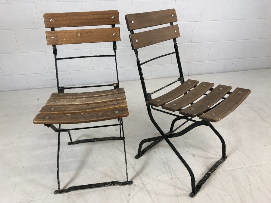 Pair of folding garden chairs with black metal frames and wooden slatted seats, stamped to back ' - Image 7 of 7