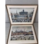 Two J S Lowry framed prints: 'VE Day Celebrations' and 'Northern River Scene', approx 62cm x 49cm